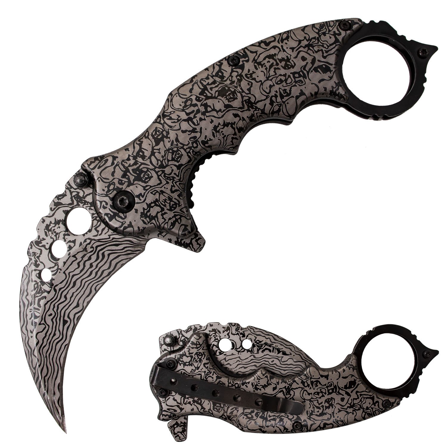 Tiger USA Trigger Action Knife Karambit Black Grey Damascus Design