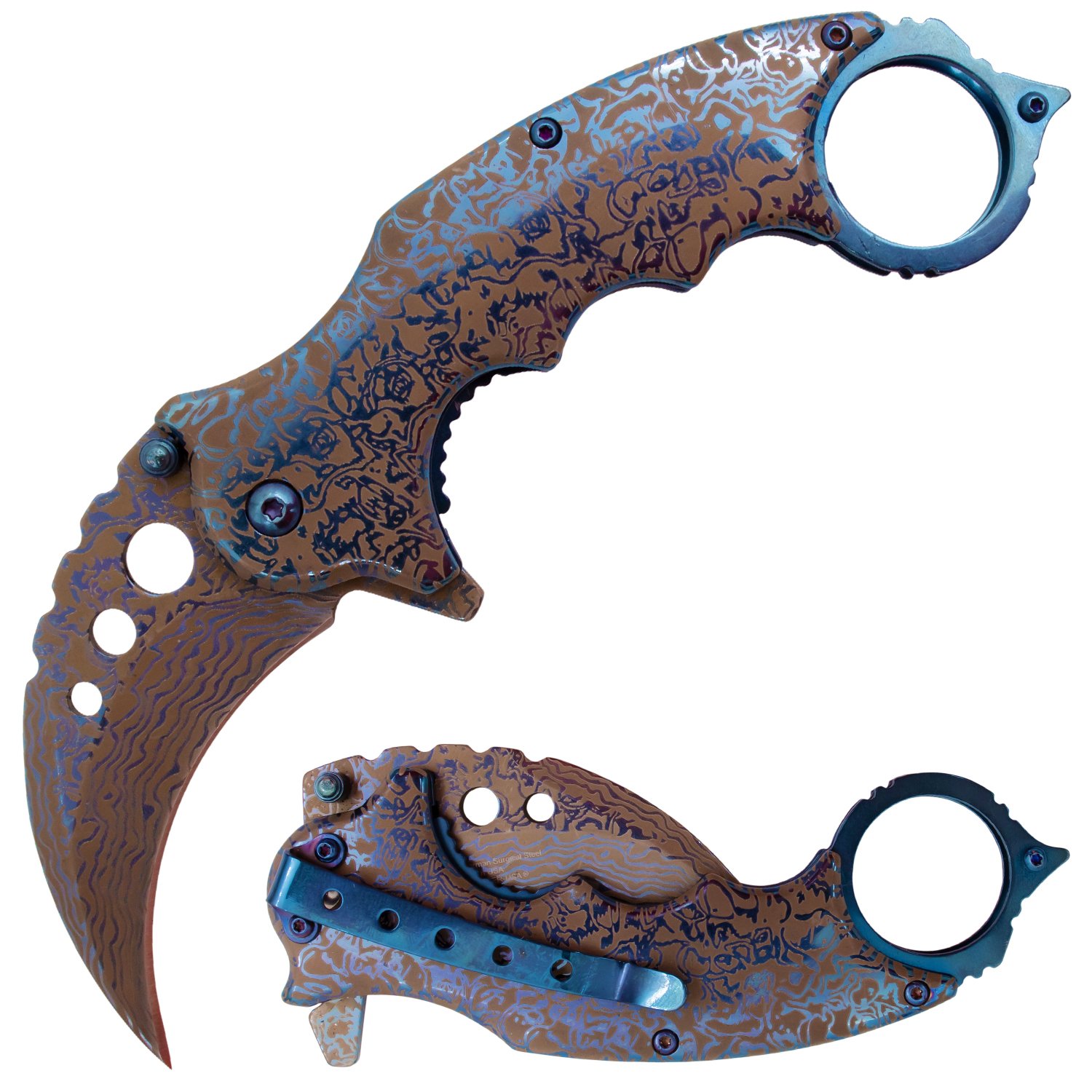 Tiger USA Trigger Action Knife Karambit Blue Damascus Design