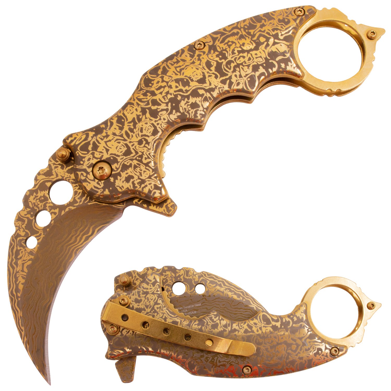 Tiger USA Trigger Action Knife Karambit Gold Damascus Design