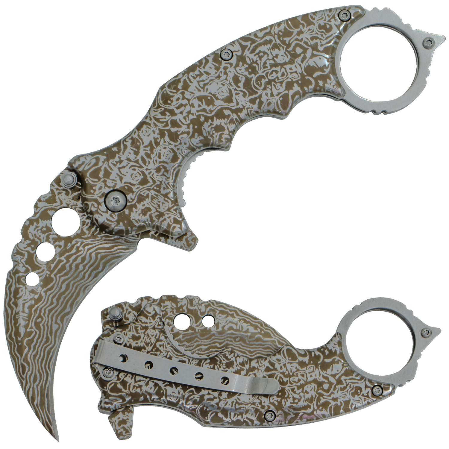 Tiger USA Trigger Action Knife Karambit Silver Damascus Design