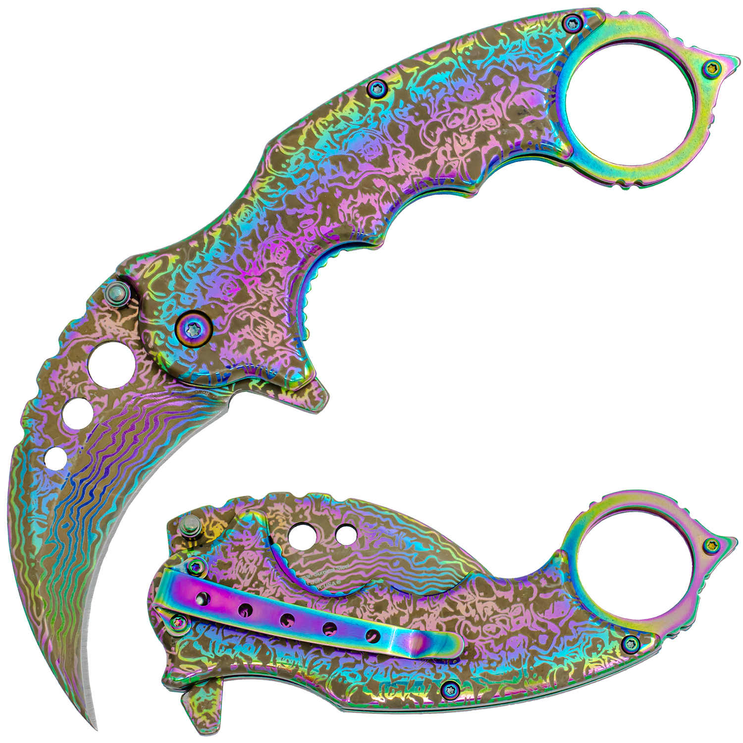 Tiger USA Trigger Action Knife Karambit Titanium Damascus Design