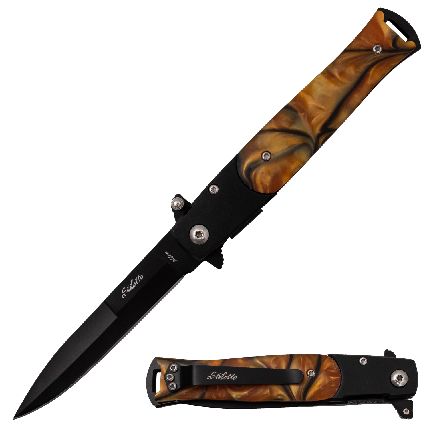 Tiger USA Trigger Action Stiletto Knife Amber Pearl Handle