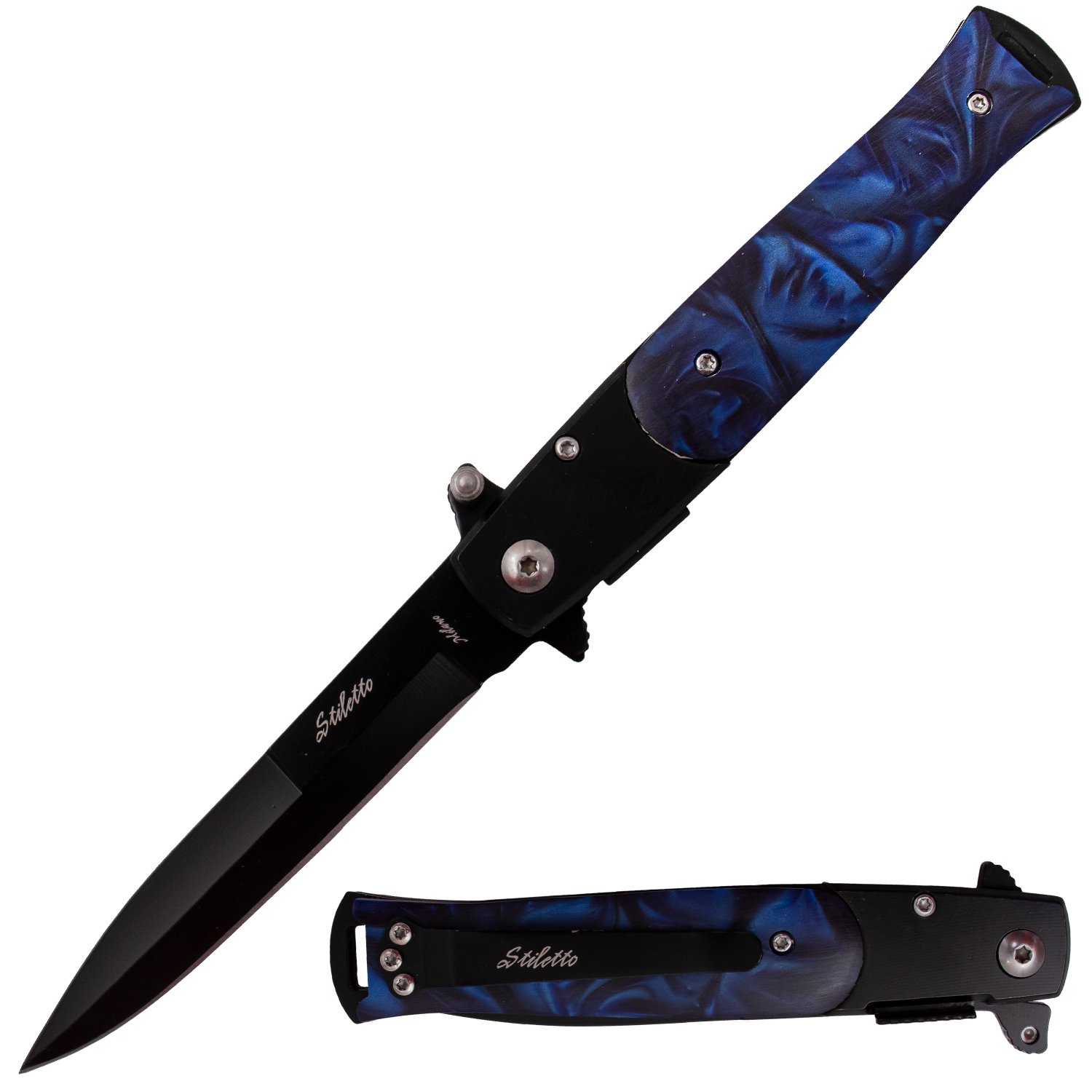 Tiger USA Trigger Action Stiletto Knife Blue Pearl Handle