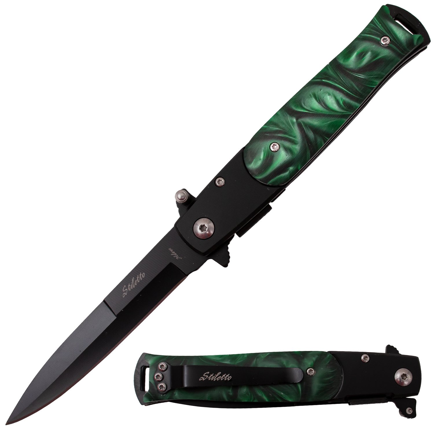 Tiger USA Trigger Action Stiletto Knife Green Pearl Handle