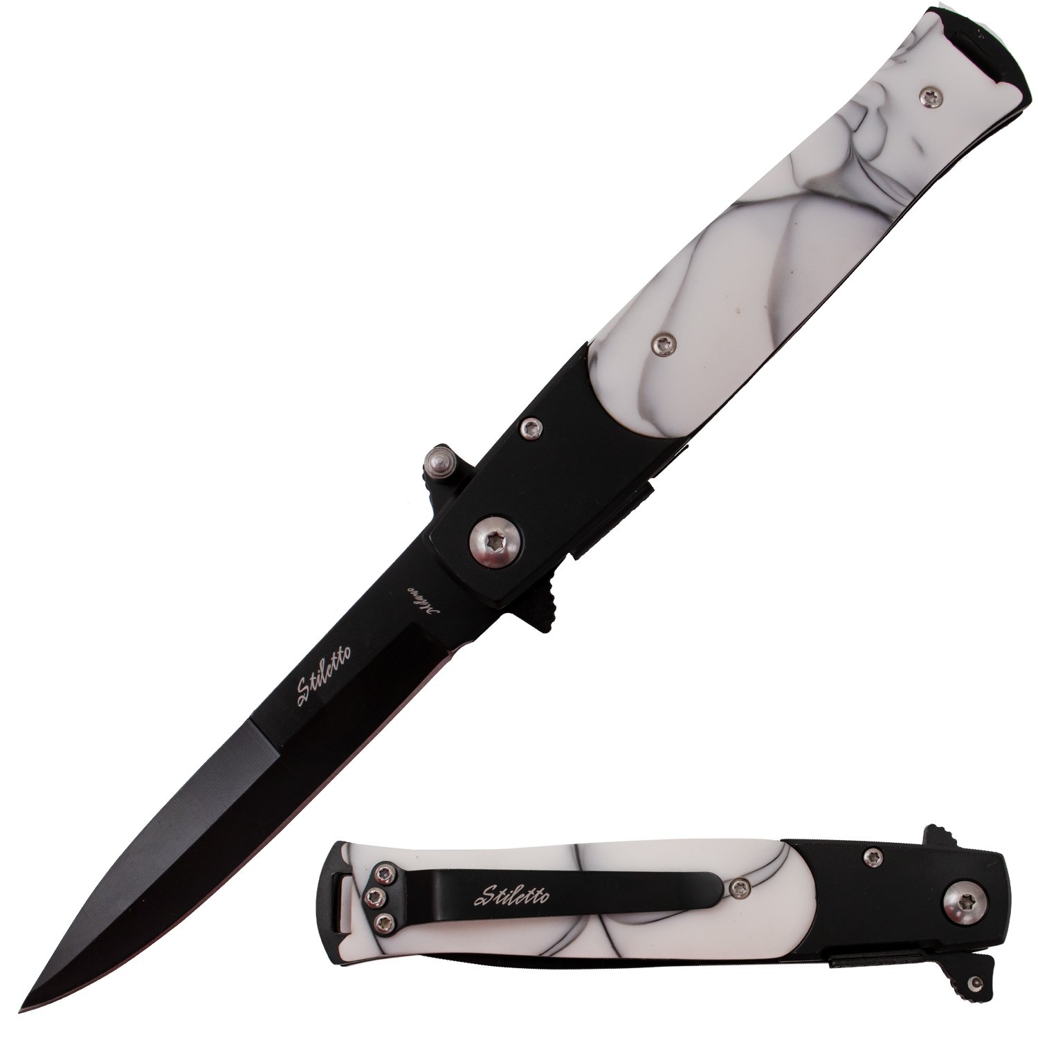 Tiger USA Trigger Action Stiletto Knife White Pearl Handle