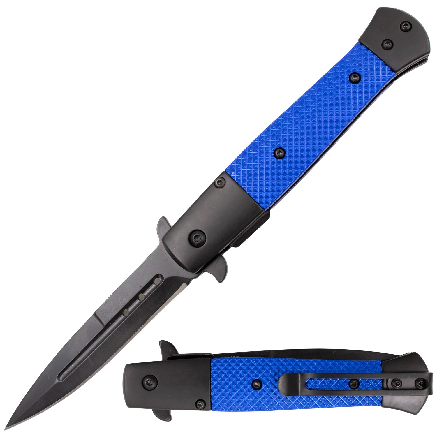 Tiger USA Trigger Action Stiletto Style Dagger Blade Blue