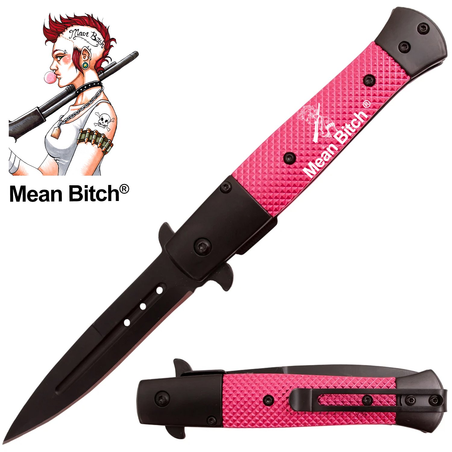 Tiger USA Trigger Action Stiletto Style Dagger Blade Pink Black Mean Bitch