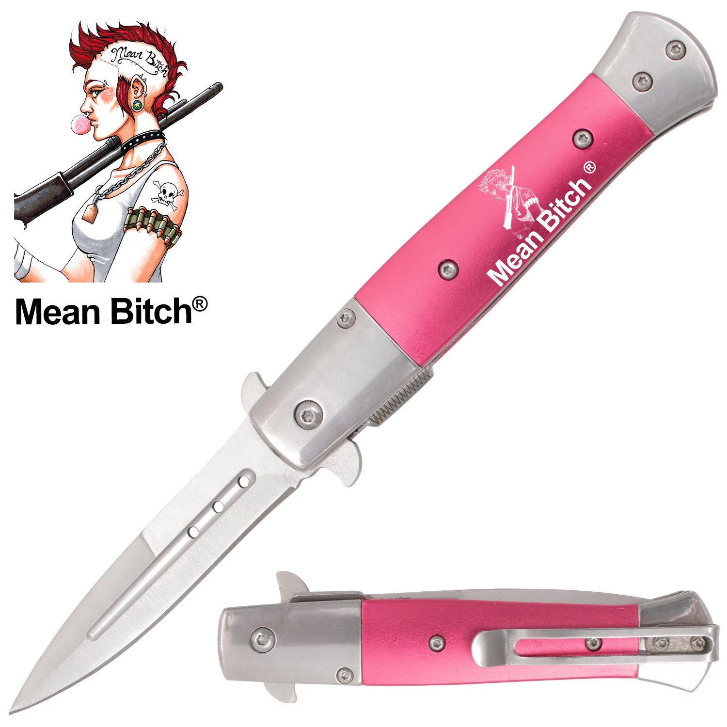 Tiger USA Trigger Action Stiletto Style Dagger Blade Pink Mean Bitch