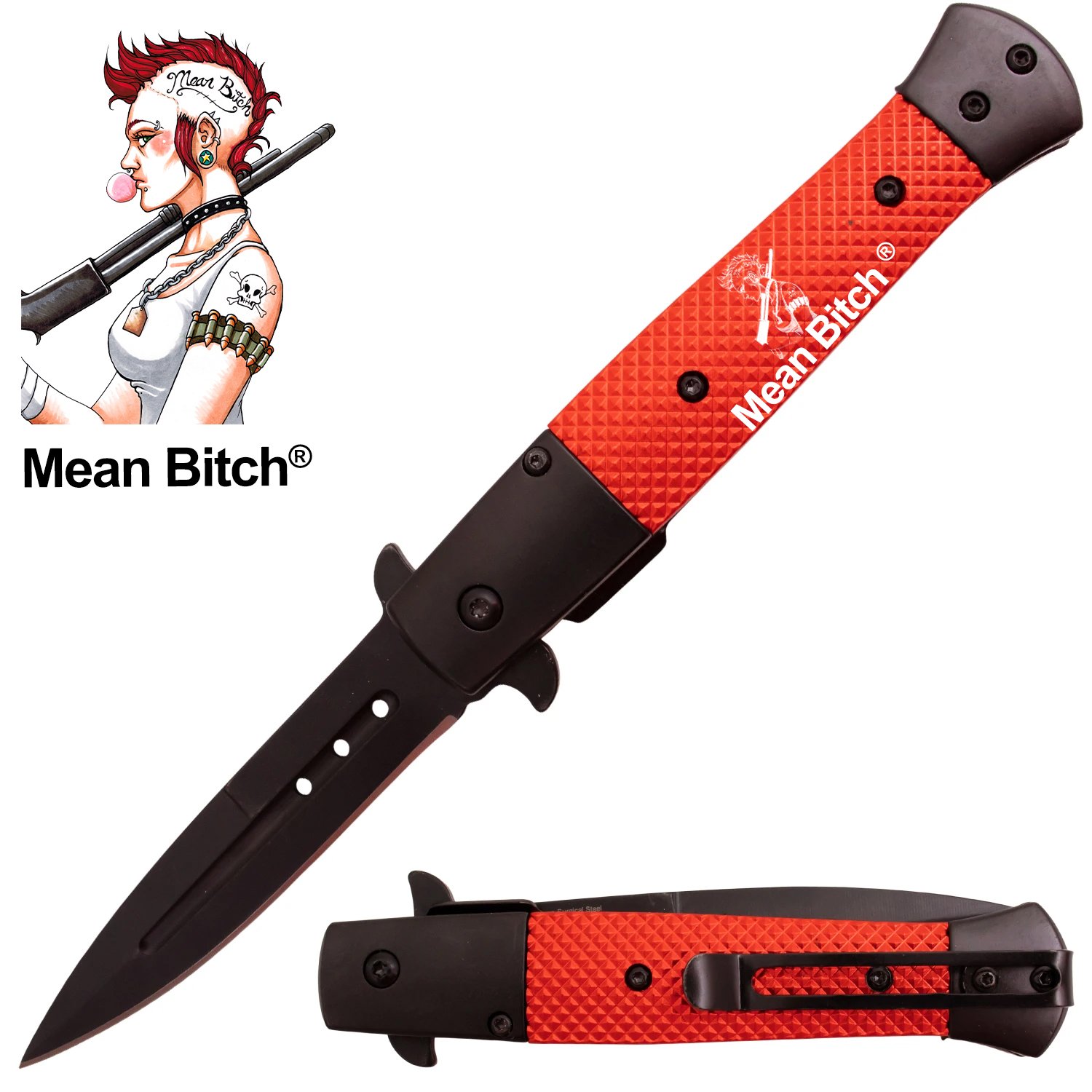 Tiger USA Trigger Action Stiletto Style Dagger Blade Red Mean Bitch