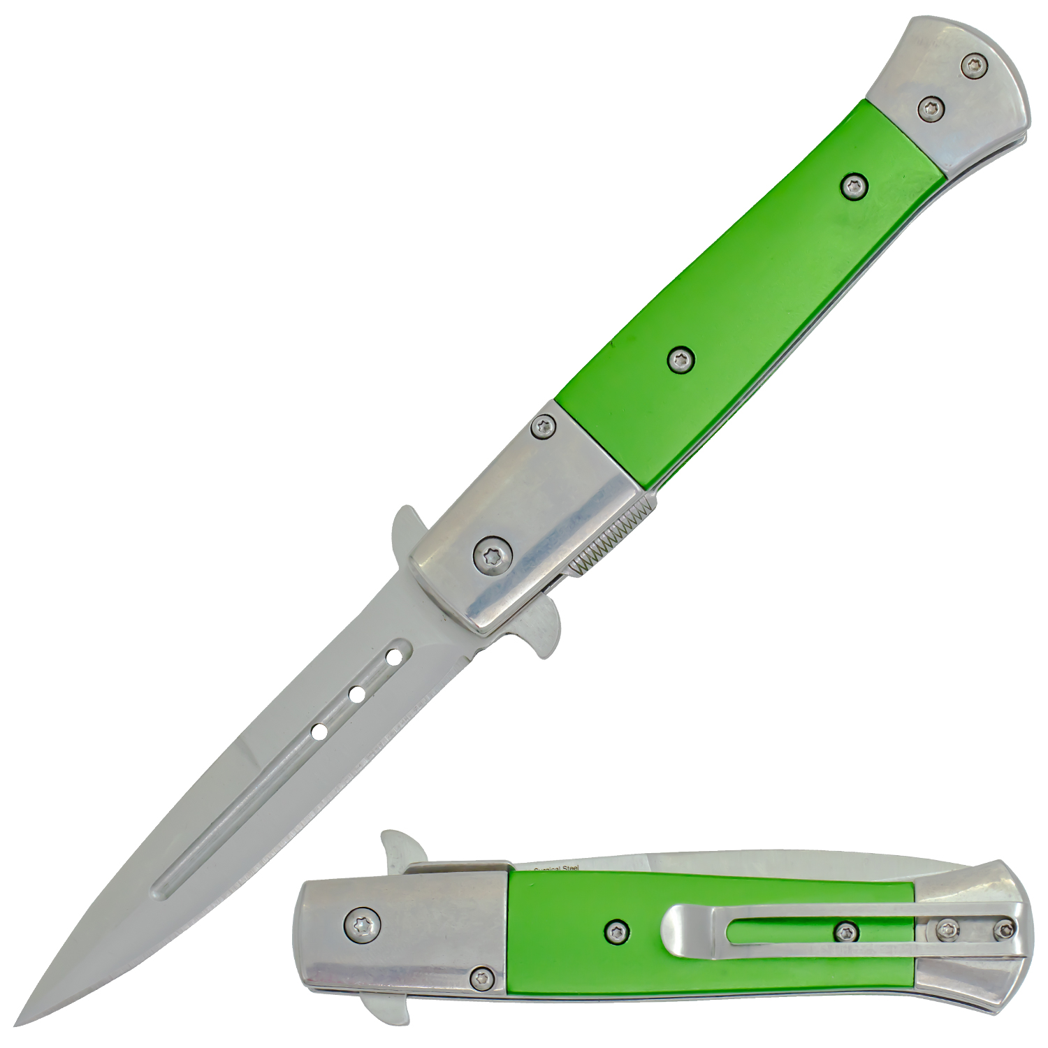 Tiger USA Trigger Action Stiletto Style Dagger Blade Silver Green