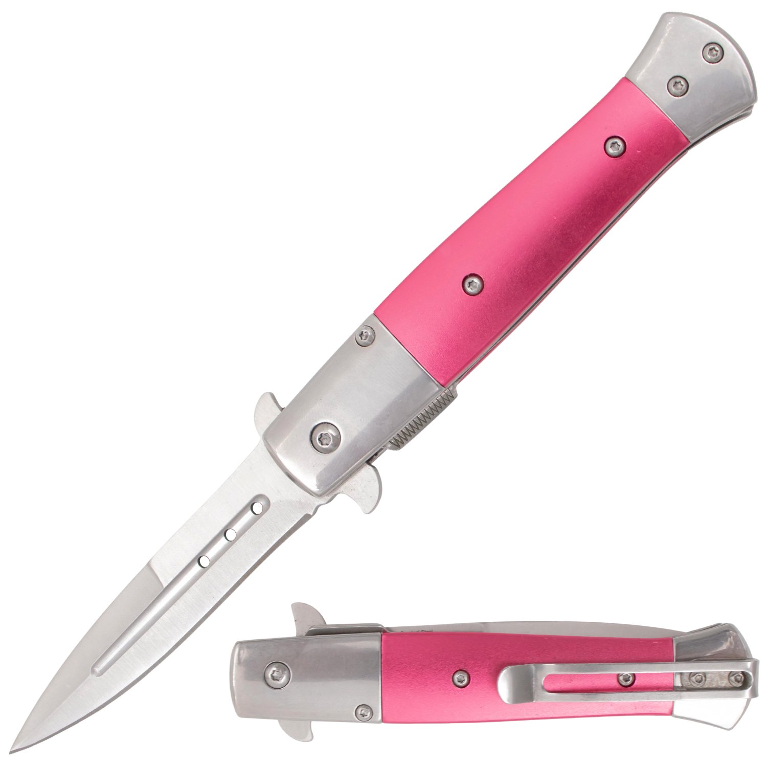 Tiger USA Trigger Action Stiletto Style Dagger Blade Silver Pink