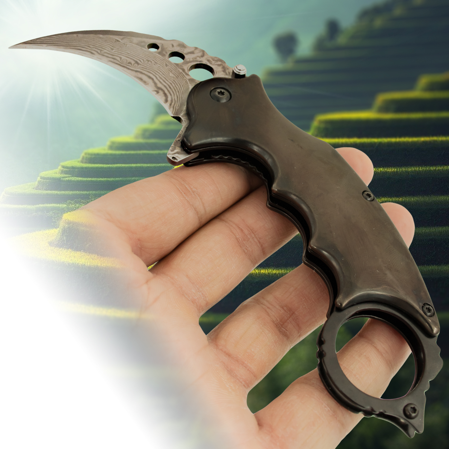 Tiger USA® Karambit Genuine Damascus Steel Spring Assisted Blade Black