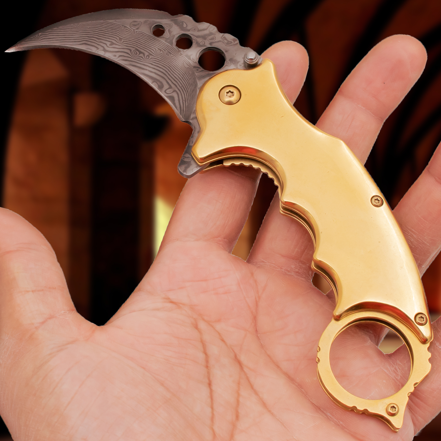 Tiger USA® Karambit Genuine Damascus Steel Spring Assisted Blade Gold