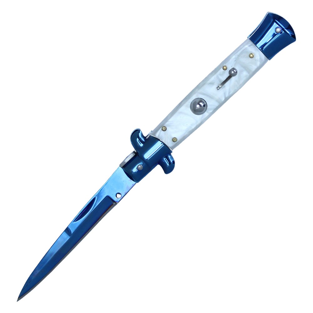 OG Godfather Italian Stiletto Blue Blade Switchblade, White Marble handle