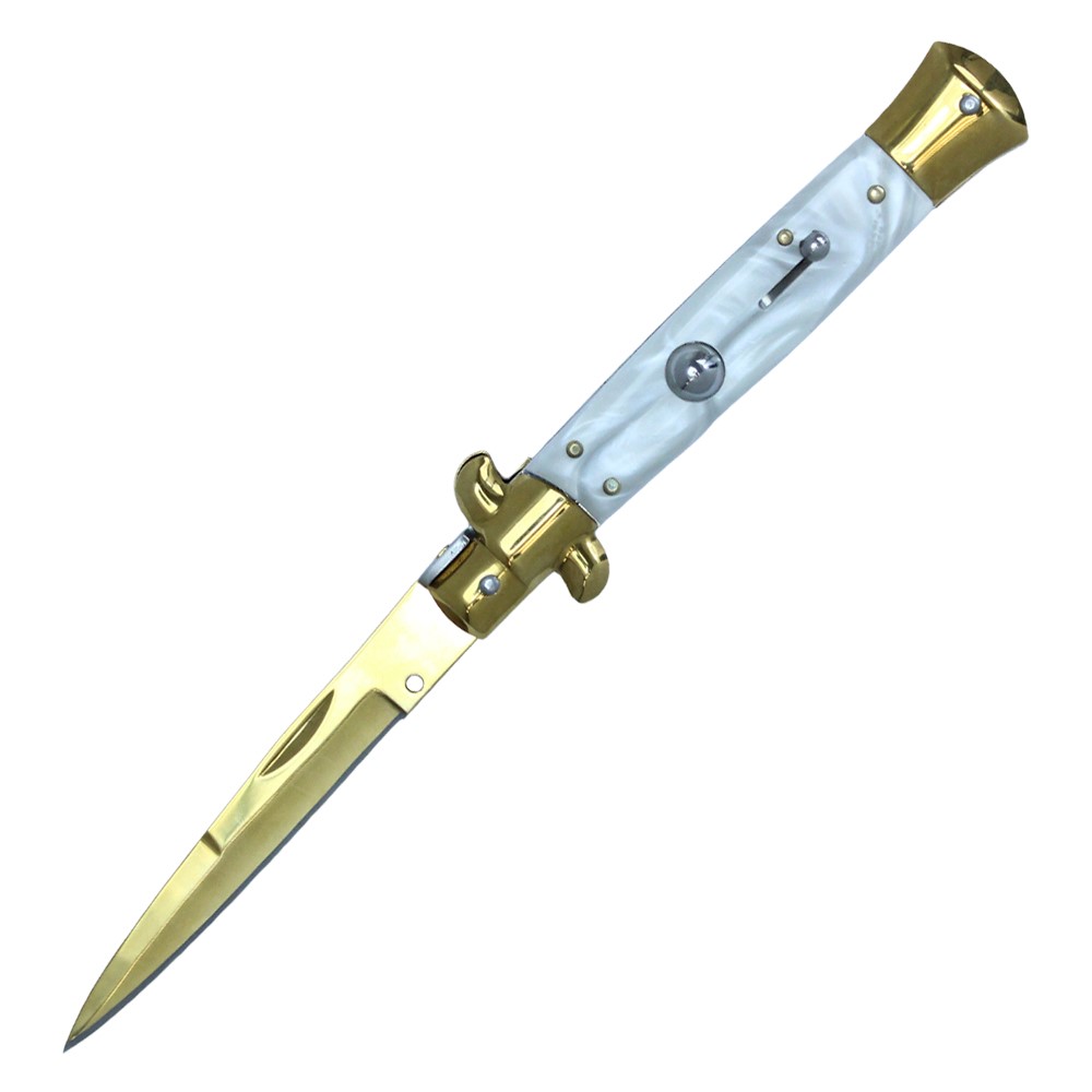 OG Godfather Italian Stiletto Gold Blade Switchblade, White Marble handle