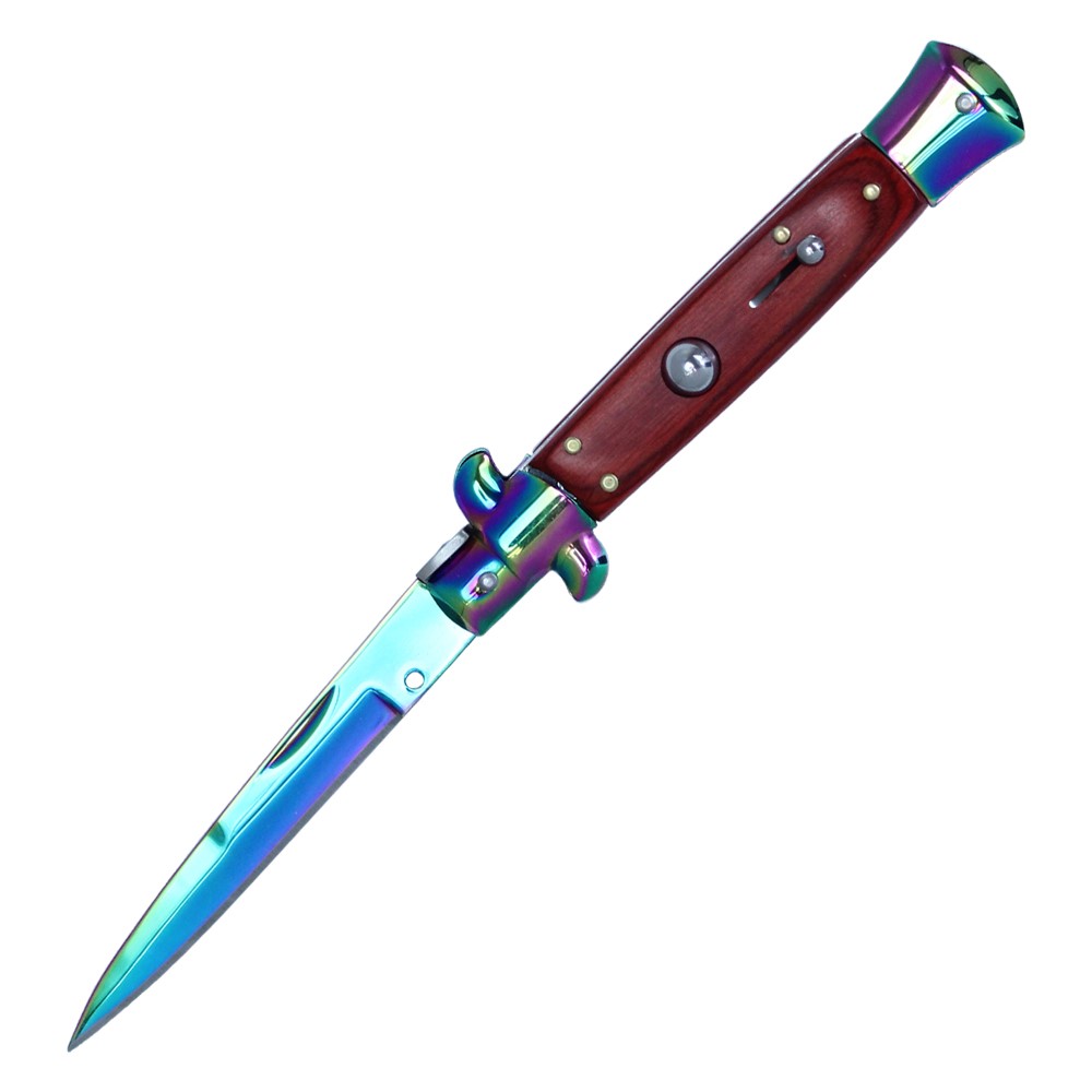 OG Godfather Italian Stiletto Rainbow Blade Switchblade, Cherrywood Handle