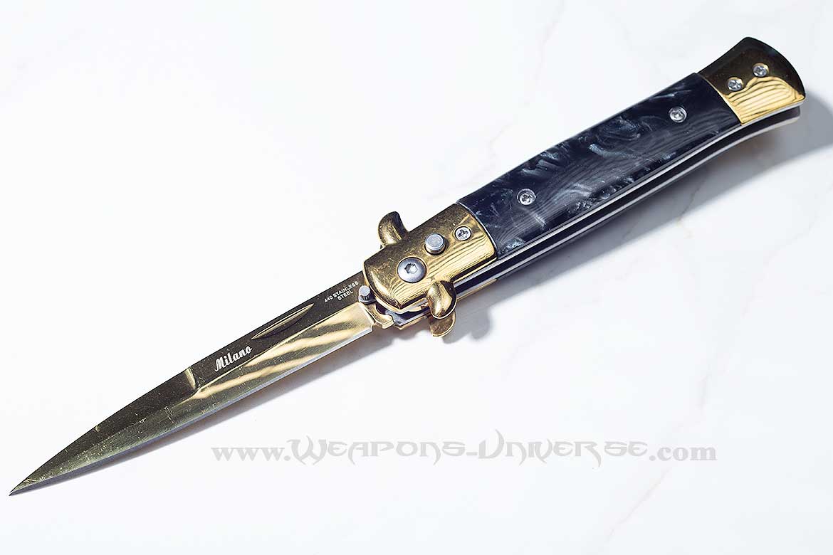 Black Marble Deluxe Gold Switchblade Automatic Knife