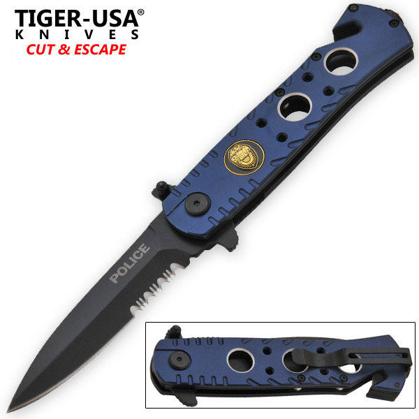 Blue Police Tactical Action Spring Assisted Folding Knife