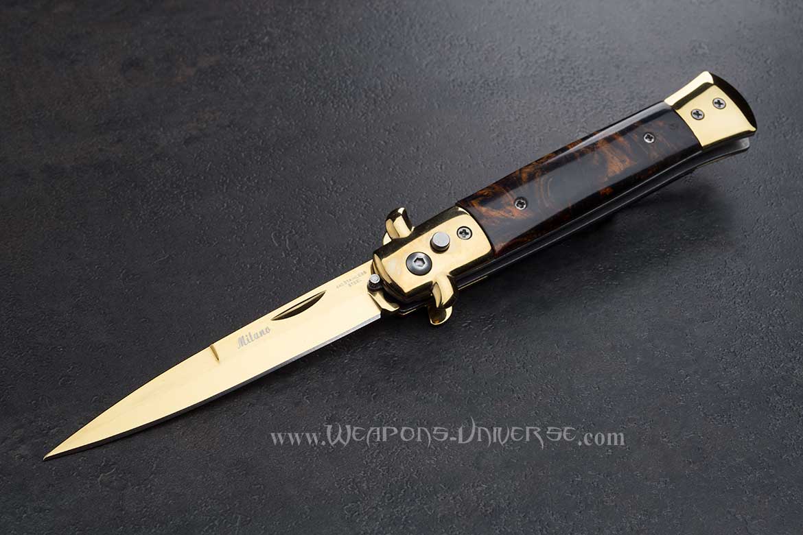 Brown Marble Deluxe Gold Switchblade Automatic Knife