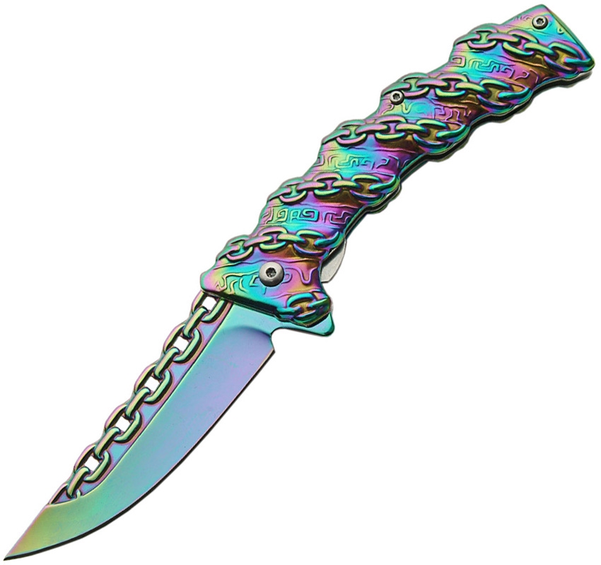 China Made CN300307RB Chain Link Linerlock Knife, Rainbow