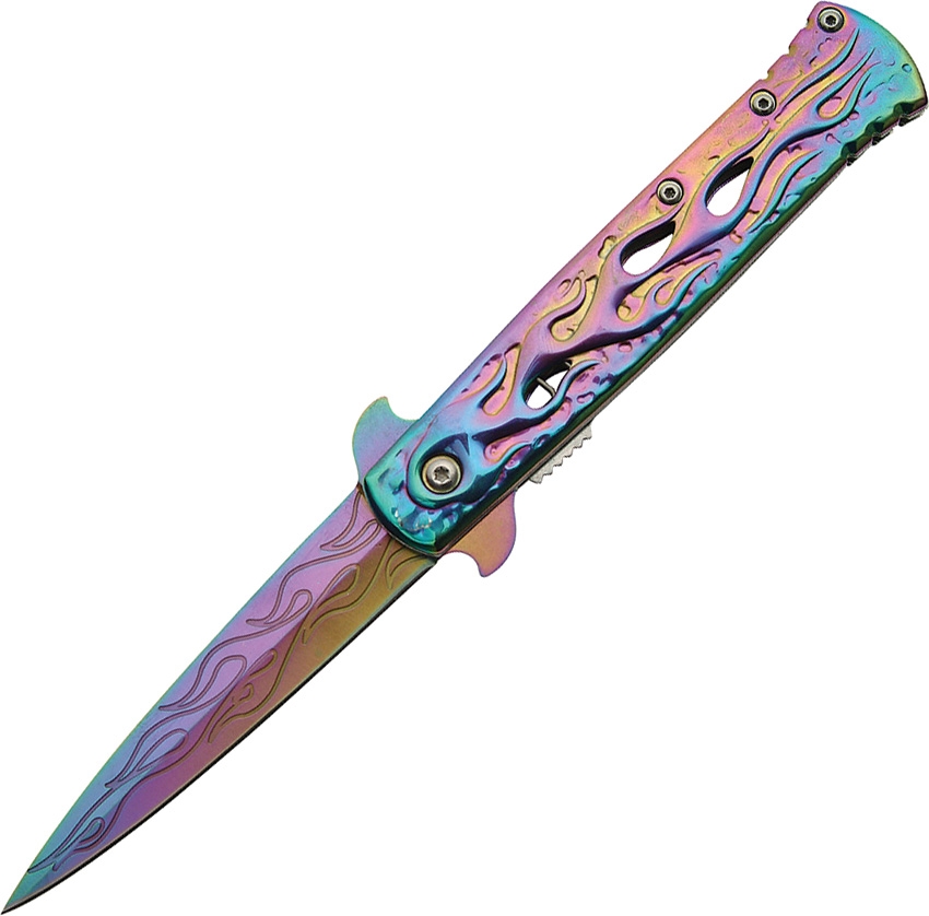 China Made CN300345RB Flame Linerlock A/O Knife, Rainbow