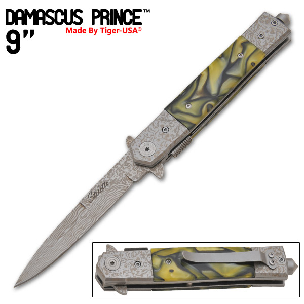 Damascus Prince Stiletto Style Knife, Black & Yellow
