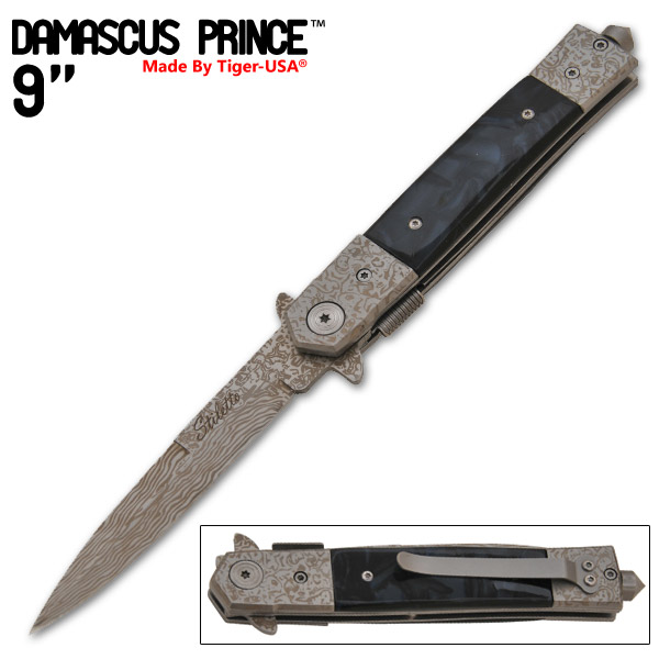 Damascus Prince Stiletto Style Knife, Black Diamond