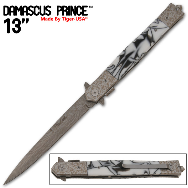 Damascus Prince Stiletto Style Knife, B/W Swirl