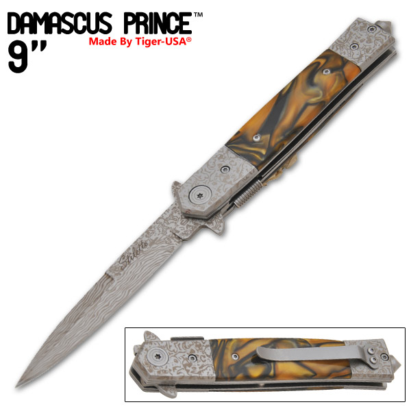 Damascus Prince Stiletto Style Knife, Gold & Black
