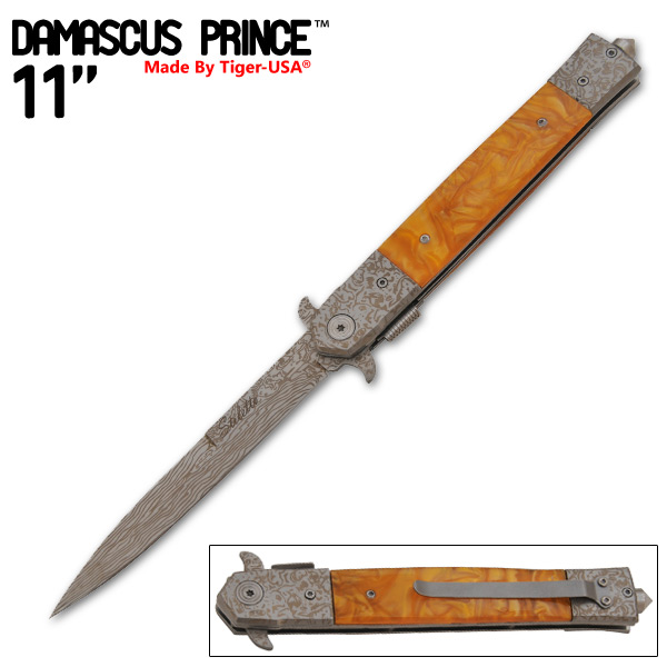 Damascus Prince Stiletto Style Knife, Gold Cluster