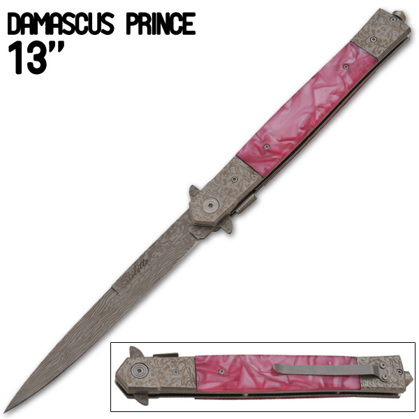 Damascus Prince Stiletto Style Knife, Pink