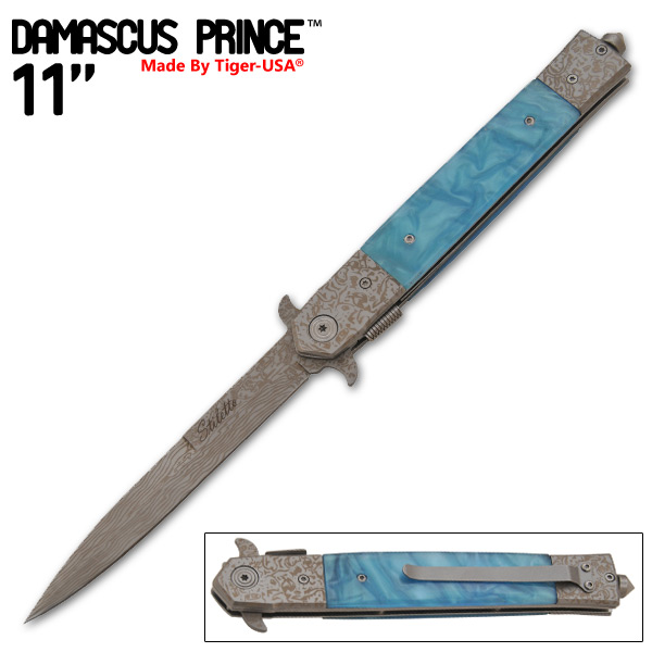 Damascus Prince Stiletto Style Knife, Sky Blue - 24