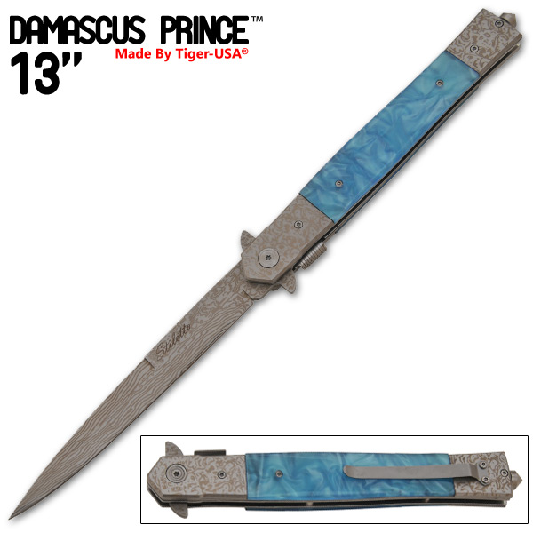 Damascus Prince Stiletto Style Knife, Sky Blue