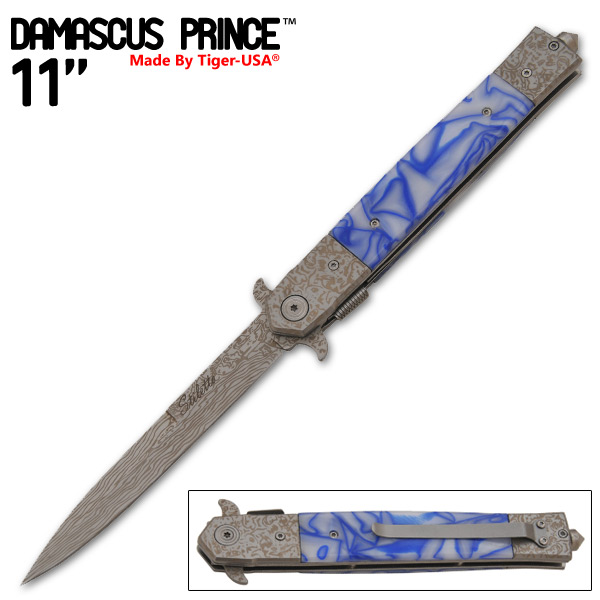 Damascus Prince Stiletto Style Knife, White/Blue Sky - 36