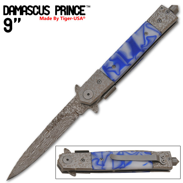 Damascus Prince Stiletto Style Knife, White/Blue Sky - IT-609-36