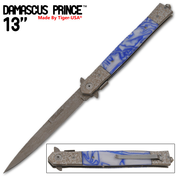 Damascus Prince Stiletto Style Knife, White/Blue Sky