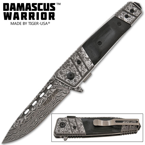 Damascus Warrior Spring Assisted Knife, Black