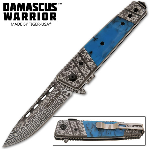 Damascus Warrior Spring Assisted Knife, Blue