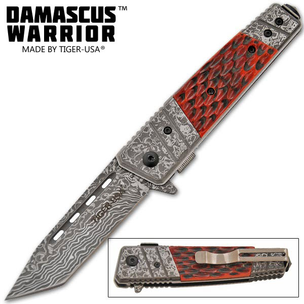 Damascus Warrior Spring Assisted Knife Bone Handle Tanto