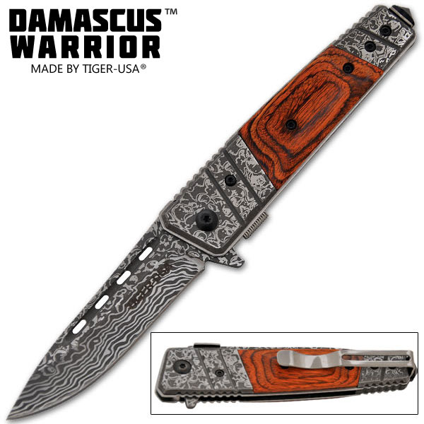 Damascus Warrior Spring Assisted Knife, Wood