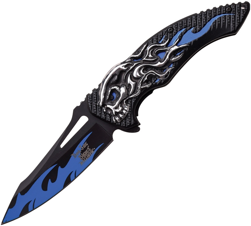Dark Side DSA034BL Skull Flame Linerlock A/O Knife, Blue