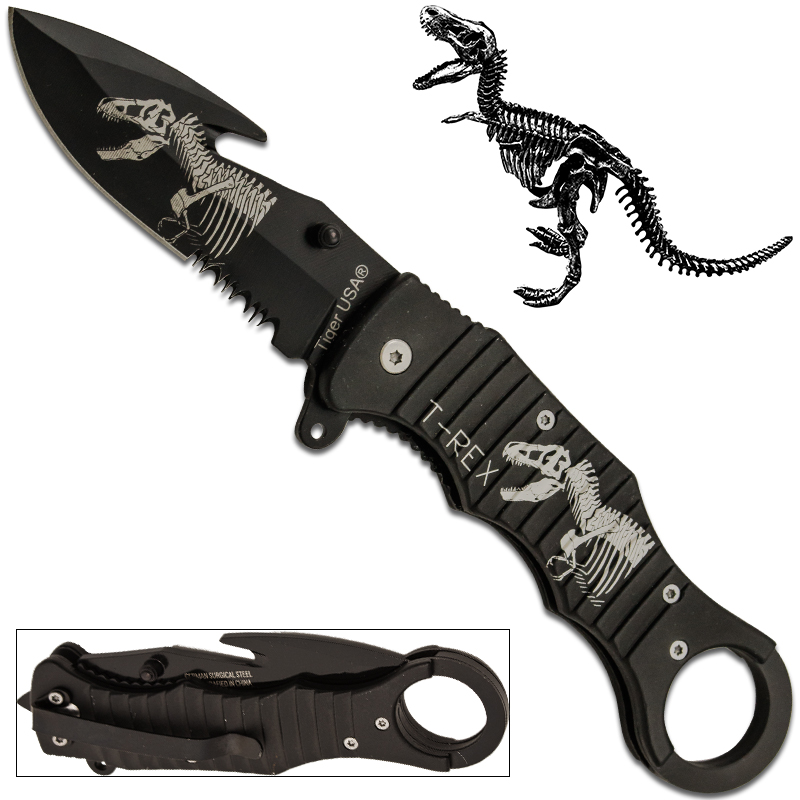 Dinosaur Spring Assisted Fear Gutter Knife, Black