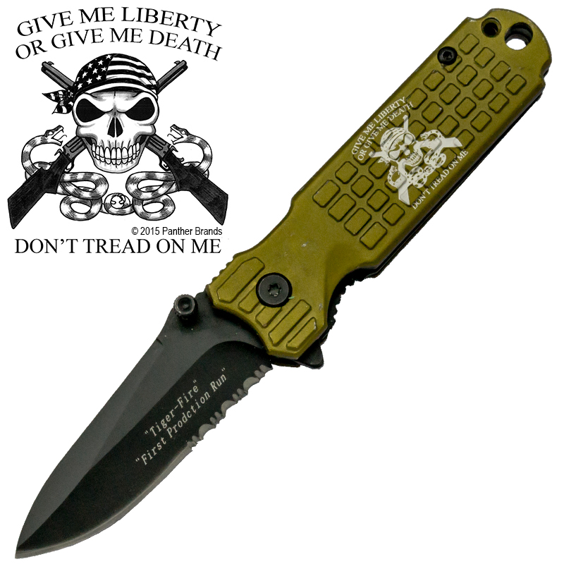 Don't Tread on Me Give Me Liberty Spring Assisted Folding Knife, Gold /Green