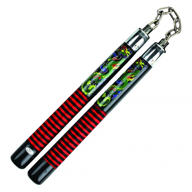 Dragon Nunchucks, Colored Fabric Grip, Wood, Chain