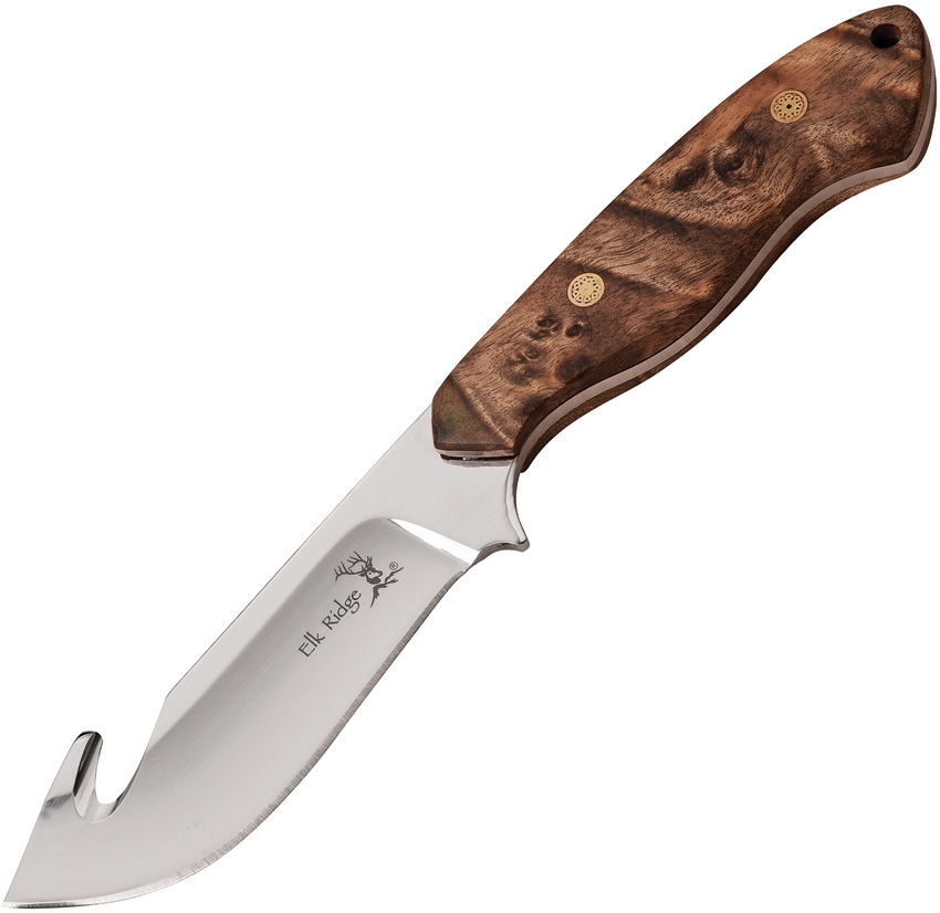 Elk Ridge ER563BW Fixed Blade Guthook Knife, Maple Burl