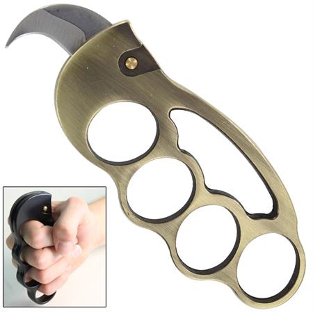 Fighter Knuckles with Automatic Karambit Knife, Brass