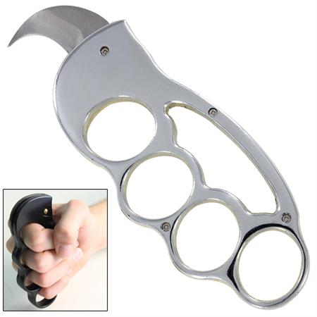 Fighter Knuckles with Automatic Karambit Knife, Chrome / Gold