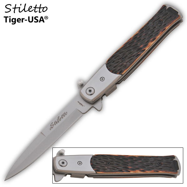 Godfather Stiletto Style Folding Knife, Imitation Bone Handle