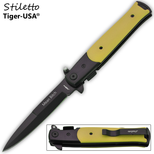 Godfather Stiletto Style Folding Knife, Yellow - Mean Bitch