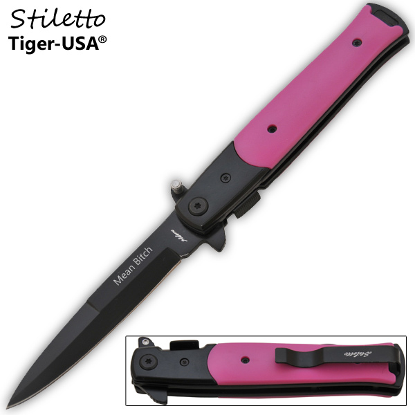 Godfather Stiletto Style Style Folding Knife, Pink (Mean Bitch)